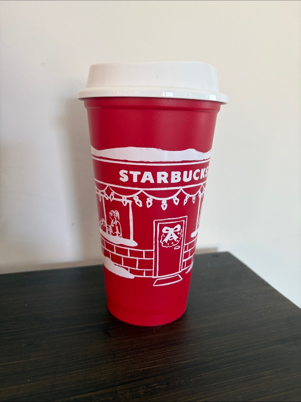 Starbucks Red Holiday Travel Cup with White Lid and Festive Graphics